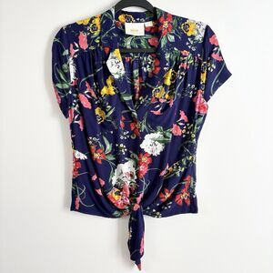 Maeve Anthropologie Bateau Tie Front Top (Sz 4) Blue Tropical Floral Blouse